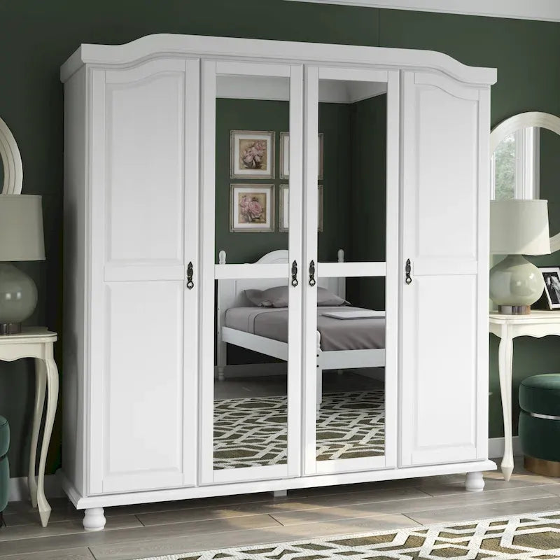 Armoire à 4 portes Kyle en bois massif 100 % avec portes en bois massif ou miroirs