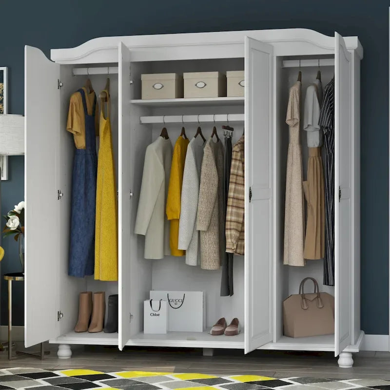 Armoire à 4 portes Kyle en bois massif 100 % avec portes en bois massif ou miroirs
