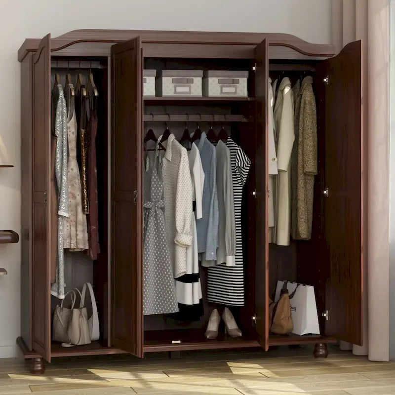 Armoire à 4 portes Kyle en bois massif 100 % avec portes en bois massif ou miroirs