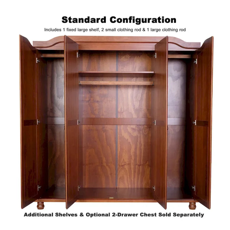 Armoire à 4 portes Kyle en bois massif 100 % avec portes en bois massif ou miroirs