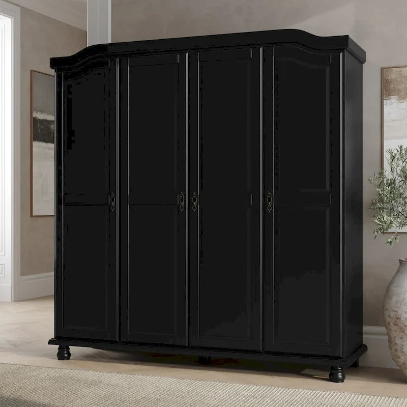 Armoire à 4 portes Kyle en bois massif 100 % avec portes en bois massif ou miroirs