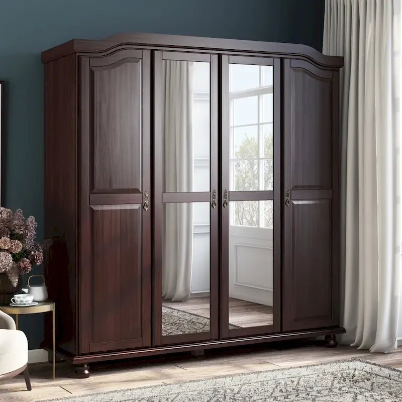 Armoire à 4 portes Kyle en bois massif 100 % avec portes en bois massif ou miroirs