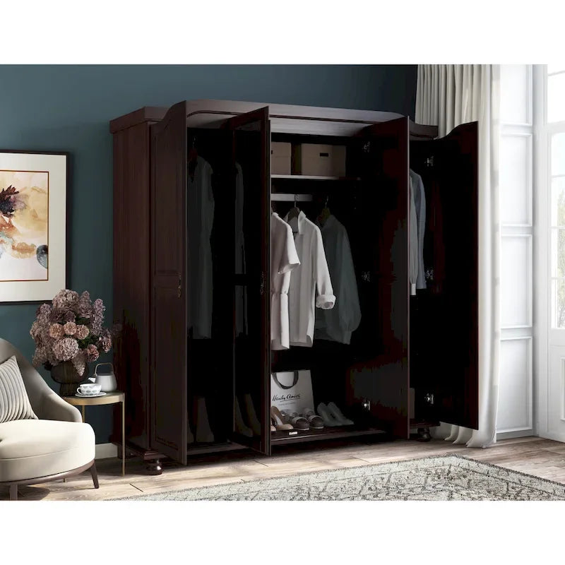 Armoire à 4 portes Kyle en bois massif 100 % avec portes en bois massif ou miroirs