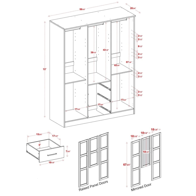 Armoire à vêtements avec portes en bois massif ou portes miroir