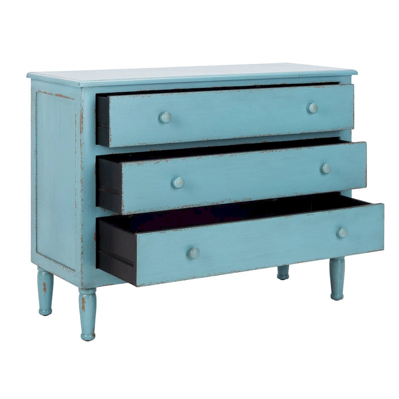 Commode de rangement Leanna bleue vieillie à 3 tiroirs