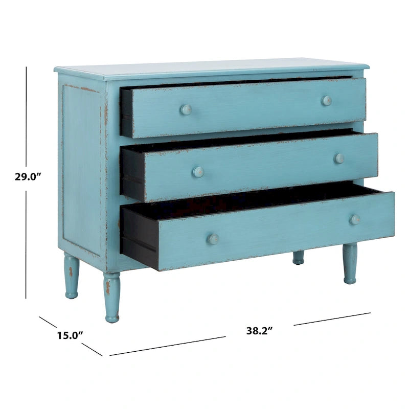 Commode de rangement Leanna bleue vieillie à 3 tiroirs