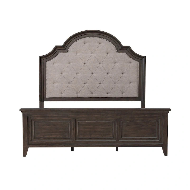 Lit rembourré marron, commode avec miroir et table de chevet