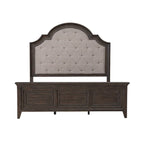 Lit rembourré marron, commode avec miroir et table de chevet