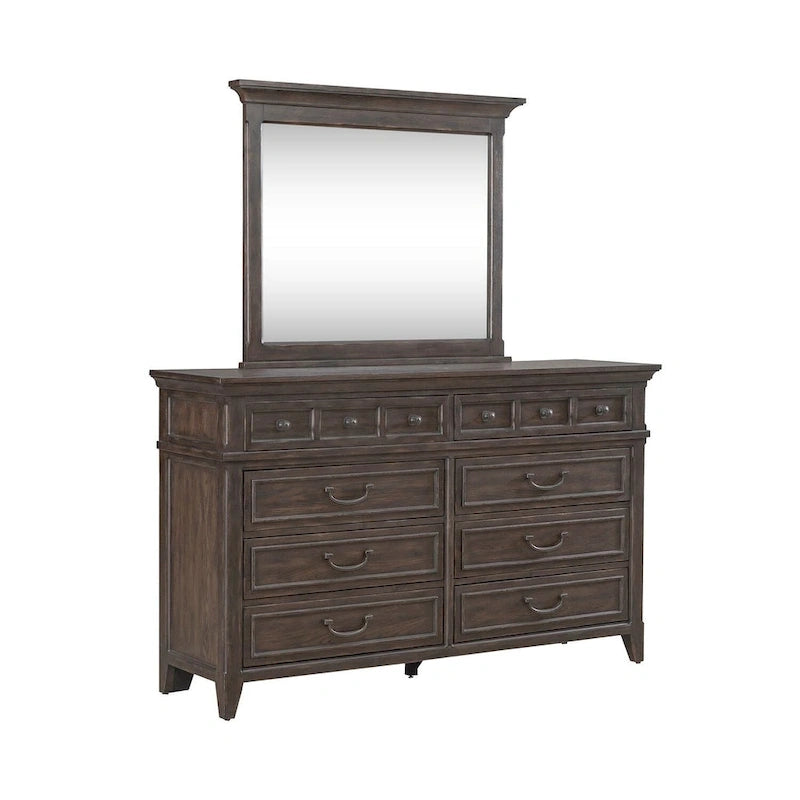 Lit rembourré marron, commode avec miroir et table de chevet