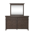 Lit rembourré marron, commode avec miroir et table de chevet