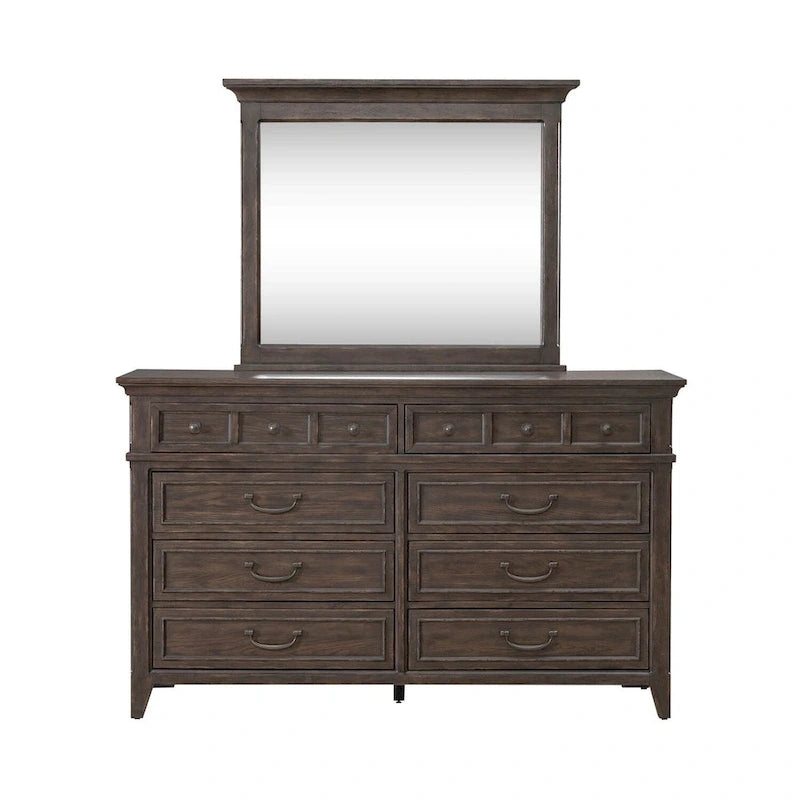Lit rembourré marron, commode avec miroir et table de chevet