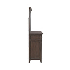 Lit rembourré marron, commode avec miroir et table de chevet