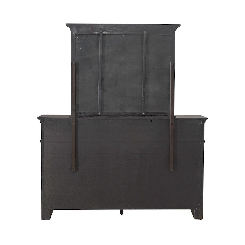 Lit rembourré marron, commode avec miroir et table de chevet