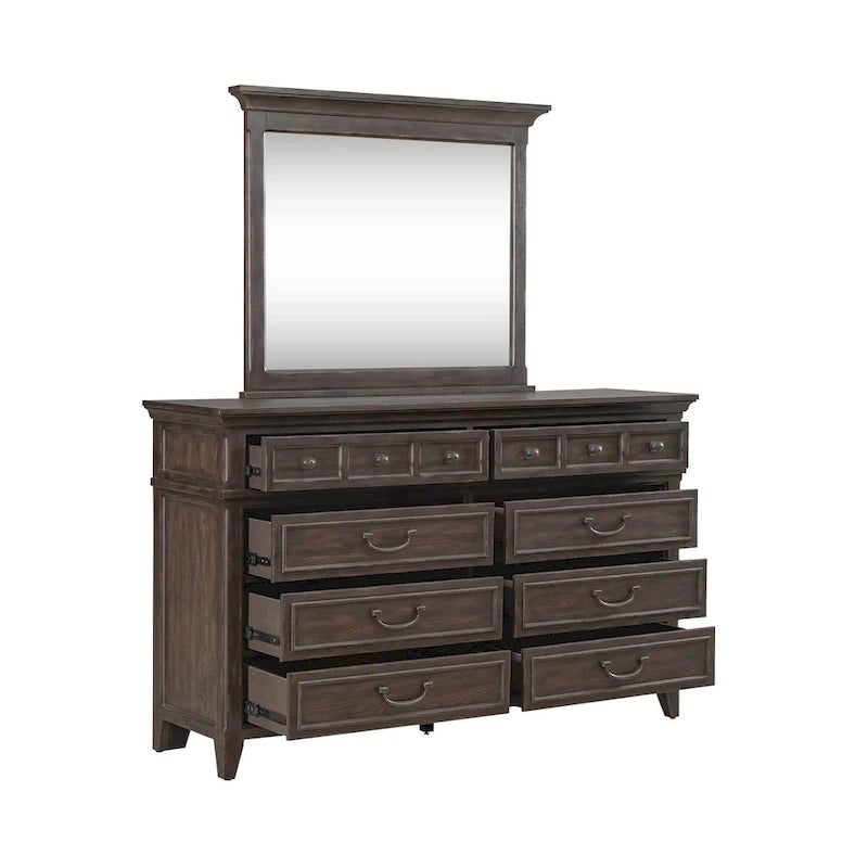 Lit rembourré marron, commode avec miroir et table de chevet