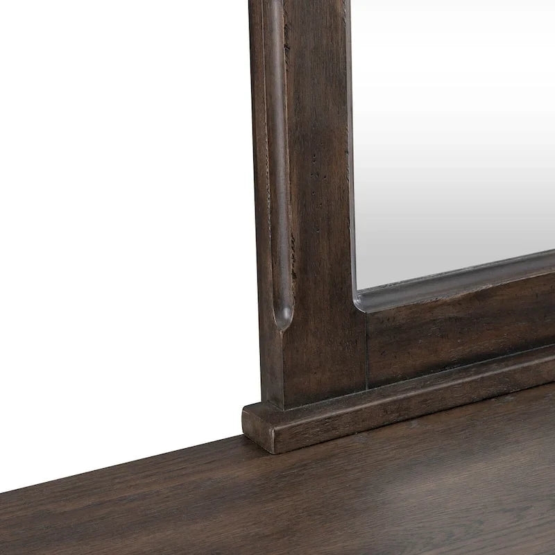 Lit rembourré marron, commode avec miroir et table de chevet
