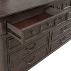 Lit rembourré marron, commode avec miroir et table de chevet