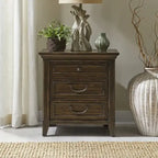 Lit rembourré marron, commode avec miroir et table de chevet