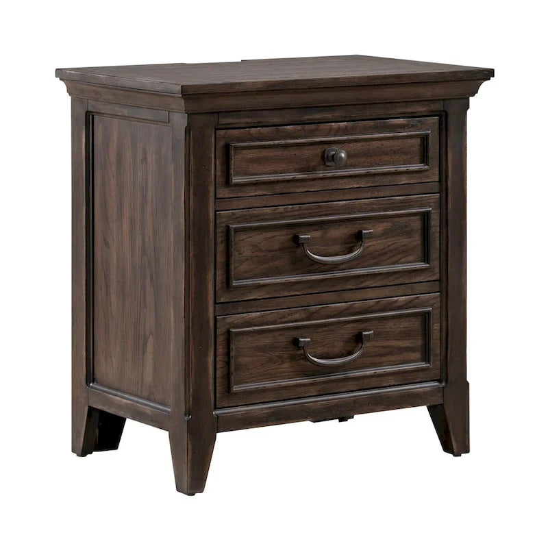 Lit rembourré marron, commode avec miroir et table de chevet