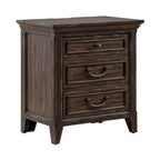 Lit rembourré marron, commode avec miroir et table de chevet