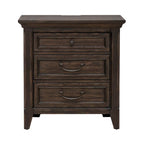 Lit rembourré marron, commode avec miroir et table de chevet
