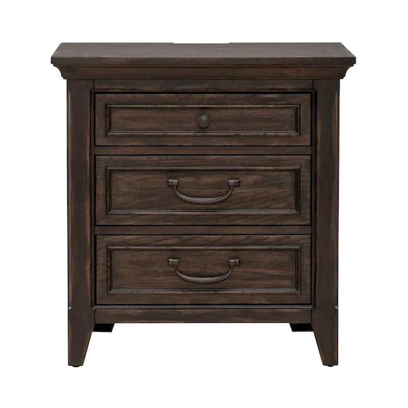 Lit rembourré marron, commode avec miroir et table de chevet