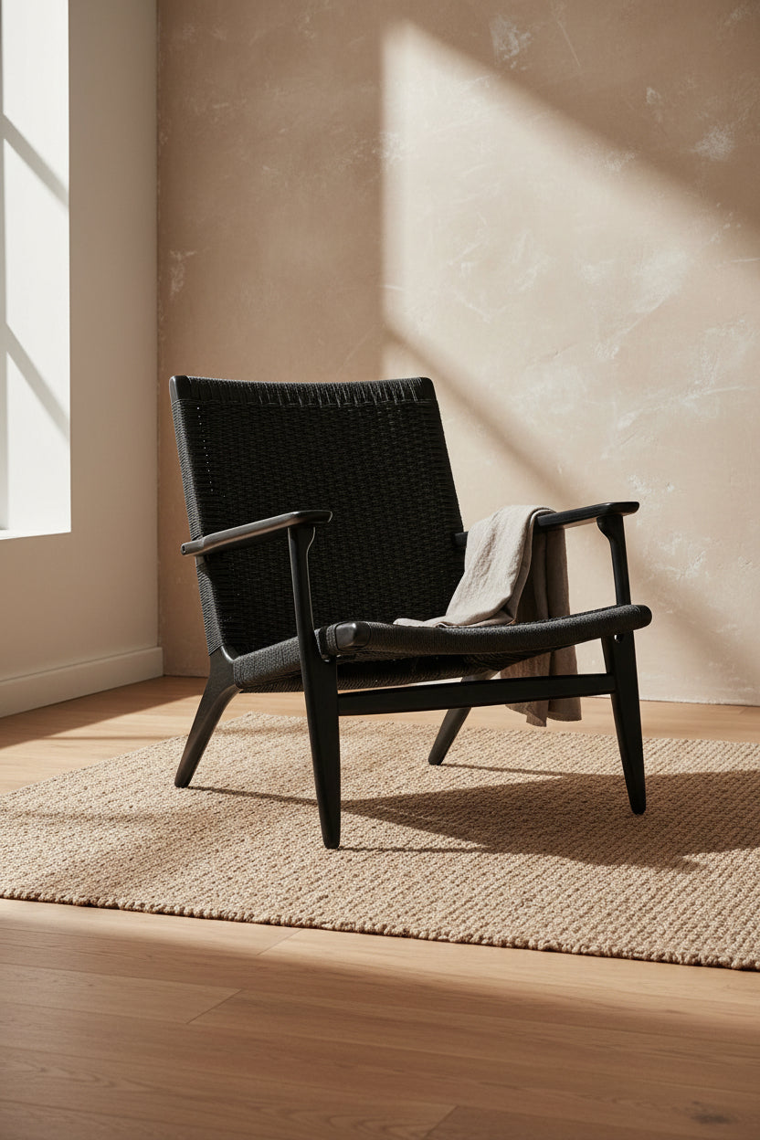Fauteuil de salon scandinave en chêne massif et corde de papier avec accoudoirs larges et dossier inclinable pour salon