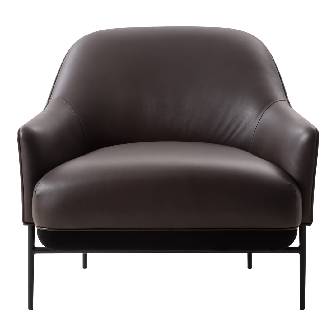 Fauteuil de salon contemporain rembourré, avec profil arrondi sculptural et cadre en métal pour le salon