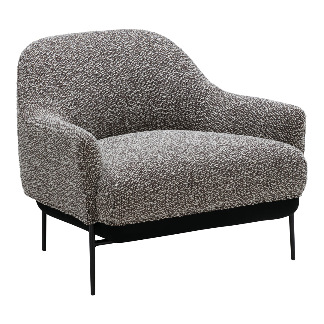 Fauteuil de salon contemporain rembourré, avec profil arrondi sculptural et cadre en métal pour le salon
