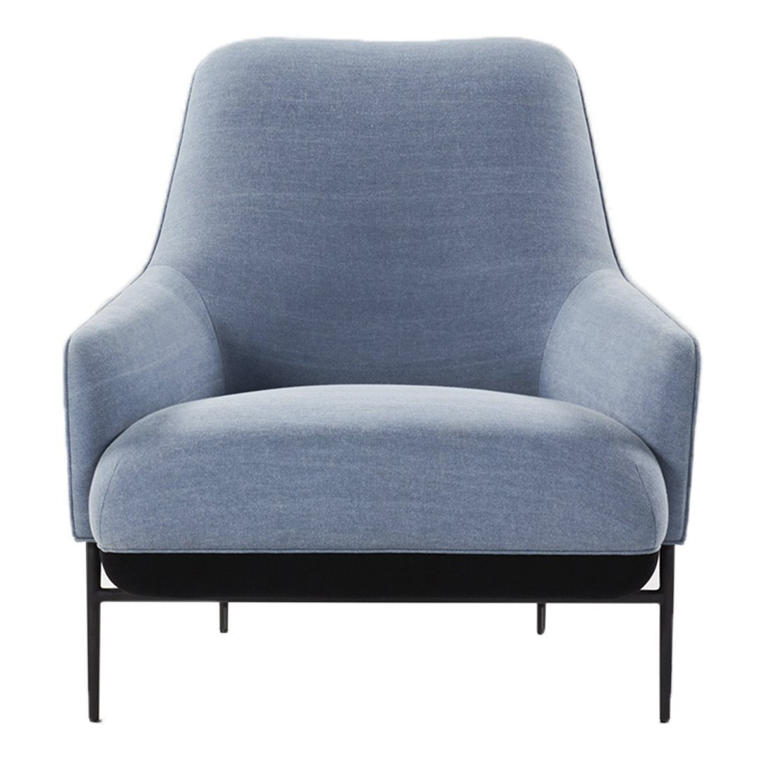 Fauteuil de salon contemporain rembourré, avec profil arrondi sculptural et cadre en métal pour le salon