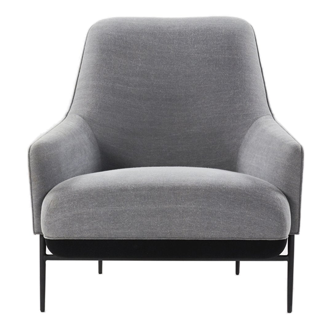 Fauteuil de salon contemporain rembourré, avec profil arrondi sculptural et cadre en métal pour le salon