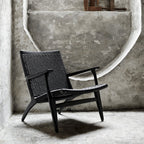 Fauteuil de salon scandinave en chêne massif et corde de papier avec accoudoirs larges et dossier inclinable pour salon