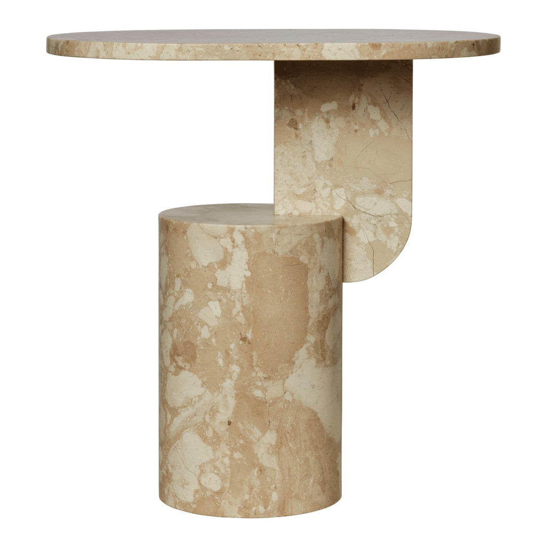 Table d'appoint contemporaine en frêne massif avec plateau ovale flottant et base cylindrique géométrique pour salon
