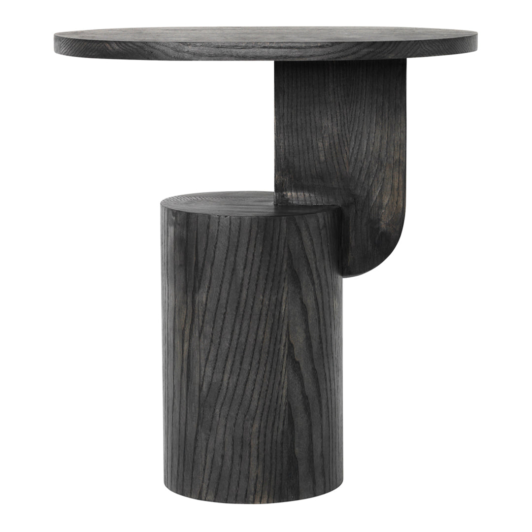 Table d'appoint contemporaine en frêne massif avec plateau ovale flottant et base cylindrique géométrique pour salon