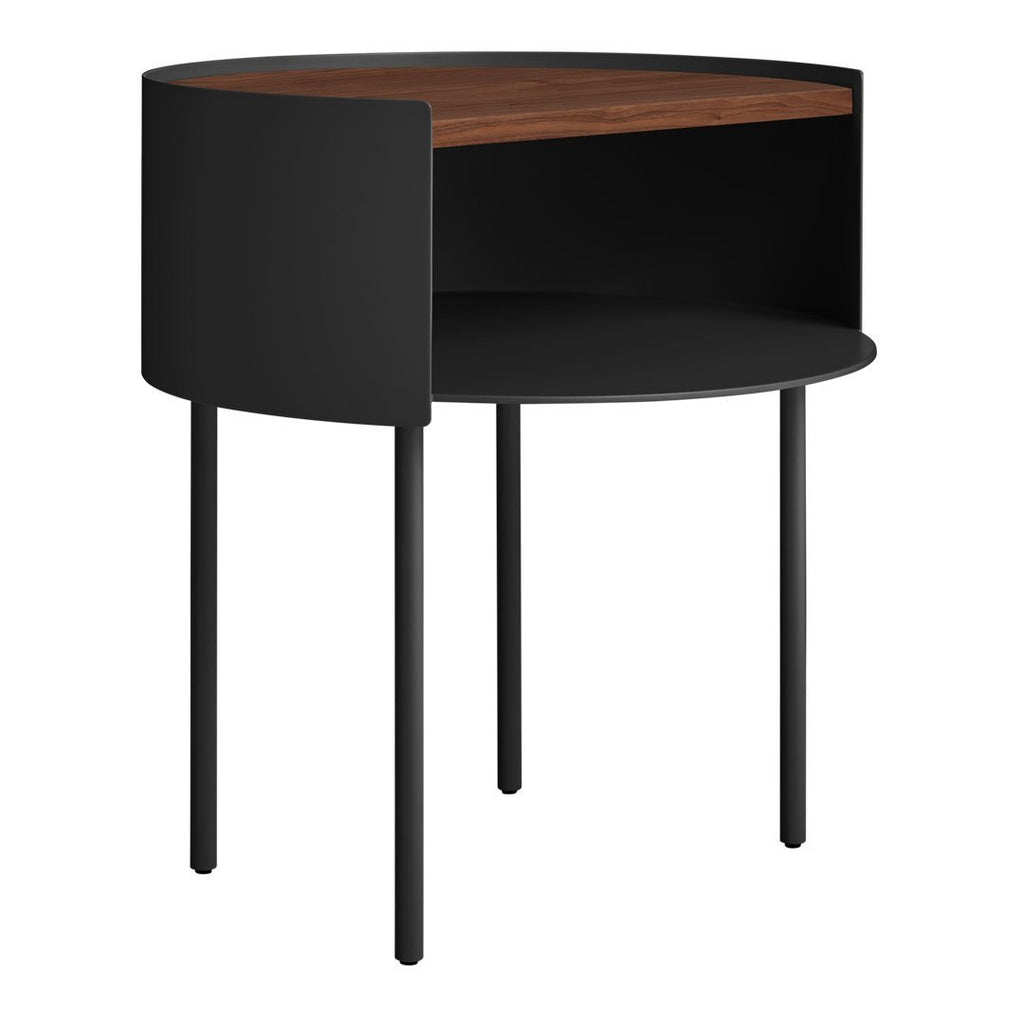 Table d'appoint moderne en acier et bois avec rangement dissimulé pour salon