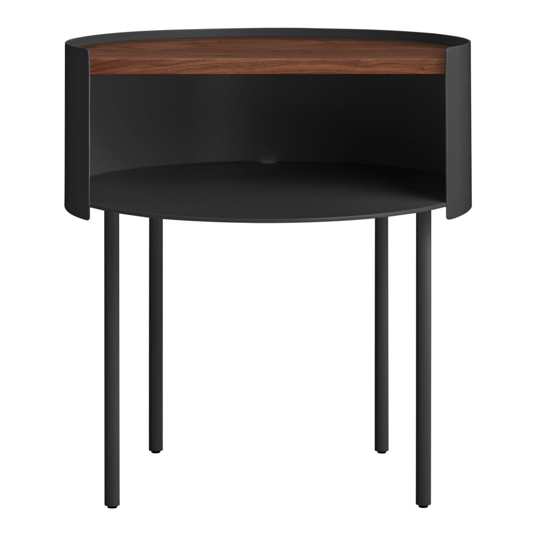 Table d'appoint moderne en acier et bois avec rangement dissimulé pour salon