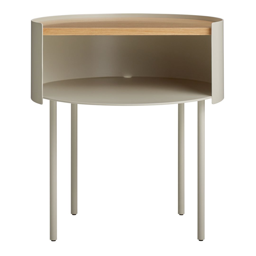 Table d'appoint moderne en acier et bois avec rangement dissimulé pour salon