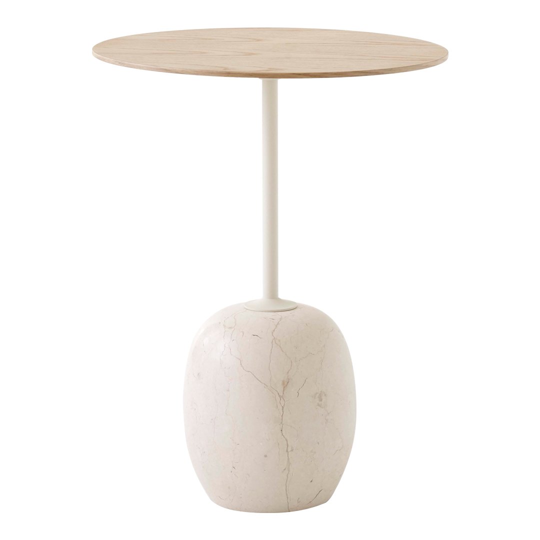 Table d'appoint contemporaine en marbre et acier avec piètement sculptural en forme de sucette inversée pour salon ou chambre à coucher