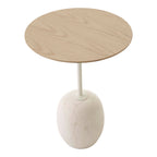 Table d'appoint contemporaine en marbre et acier avec piètement sculptural en forme de sucette inversée pour salon ou chambre à coucher
