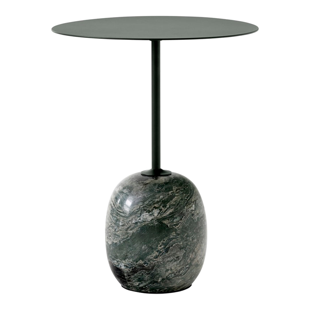 Table d'appoint contemporaine en marbre et acier avec piètement sculptural en forme de sucette inversée pour salon ou chambre à coucher