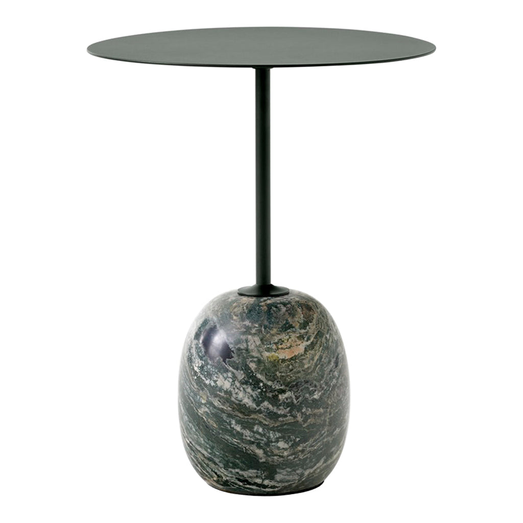 Table d'appoint contemporaine en marbre et acier avec piètement sculptural en forme de sucette inversée pour salon ou chambre à coucher