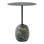 Table d'appoint contemporaine en marbre et acier avec piètement sculptural en forme de sucette inversée pour salon ou chambre à coucher