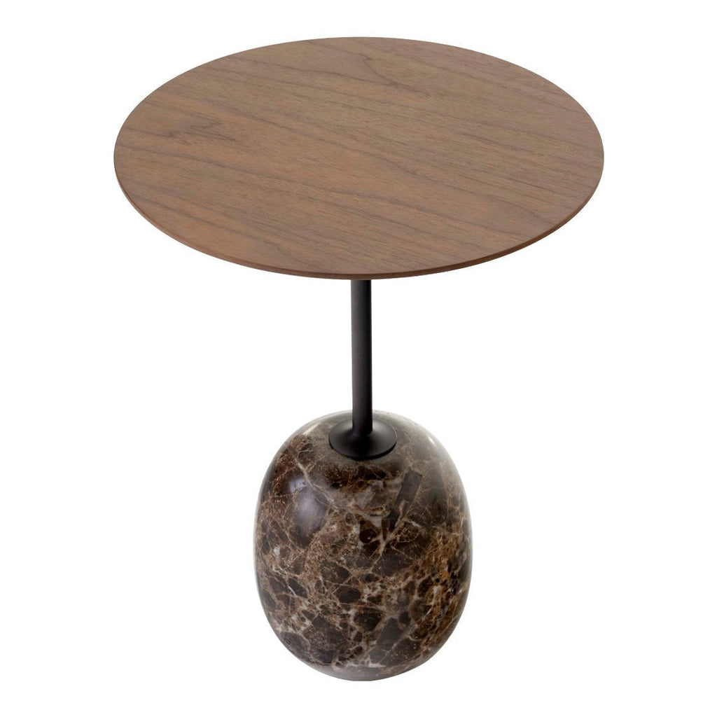 Table d'appoint contemporaine en marbre et acier avec piètement sculptural en forme de sucette inversée pour salon ou chambre à coucher