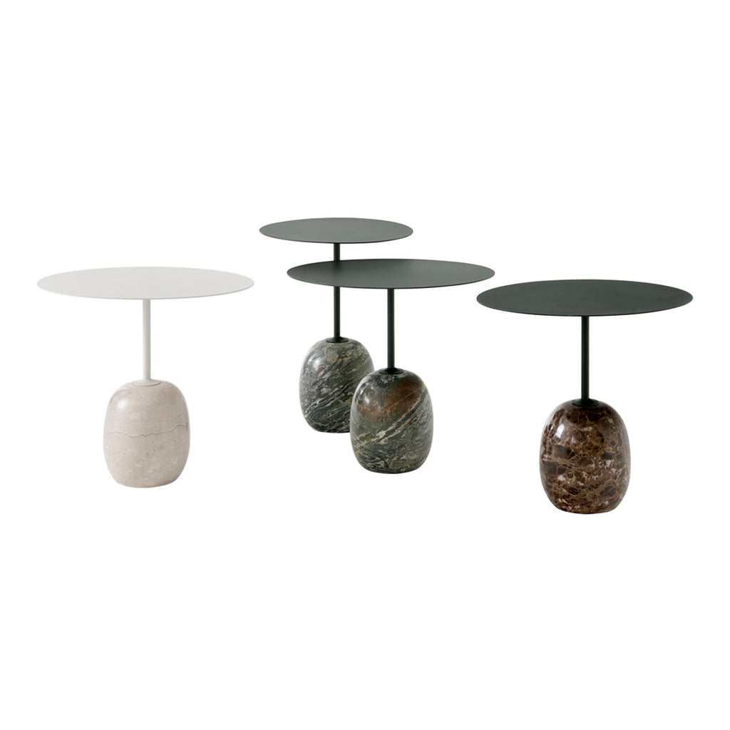 Table d'appoint contemporaine en marbre et acier avec piètement sculptural en forme de sucette inversée pour salon ou chambre à coucher