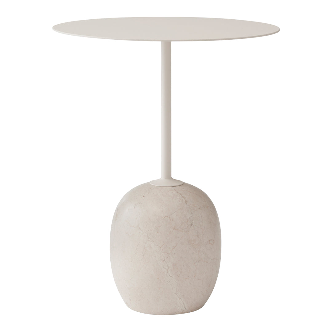 Table d'appoint contemporaine en marbre et acier avec piètement sculptural en forme de sucette inversée pour salon ou chambre à coucher