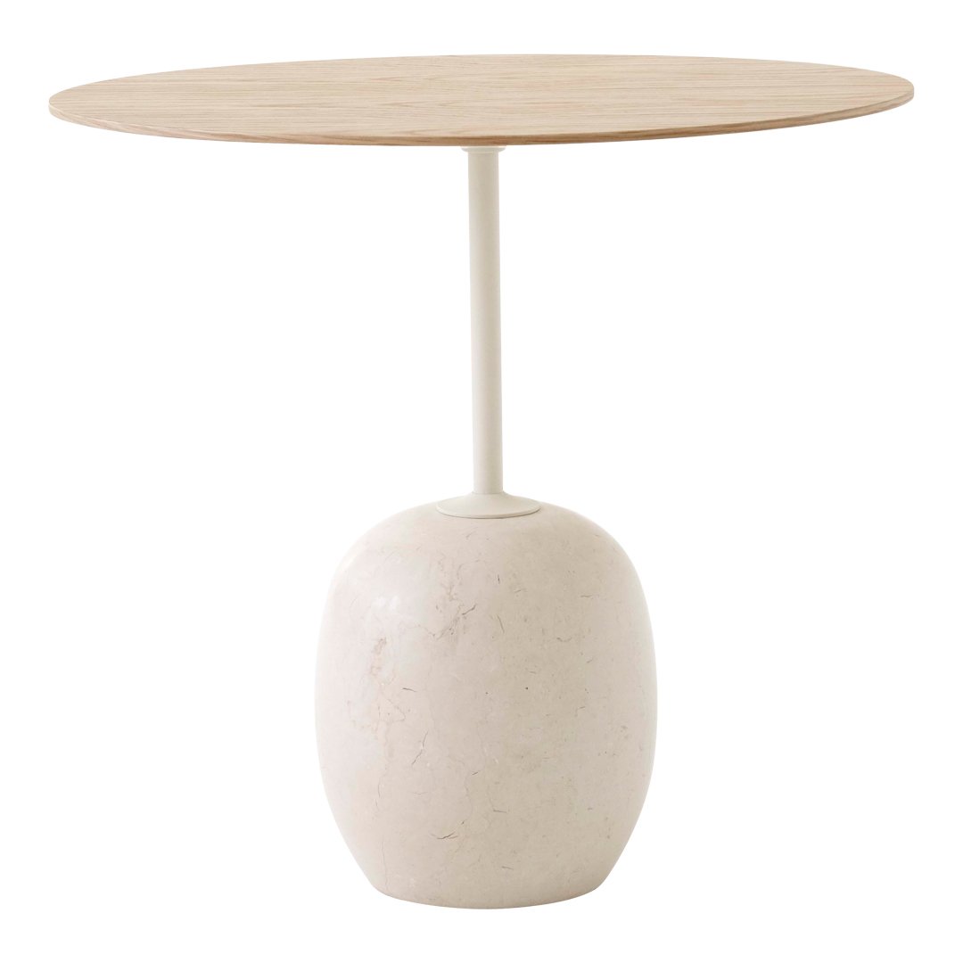 Table d'appoint contemporaine en marbre et acier avec piètement sculptural en forme de sucette inversée pour salon ou chambre à coucher