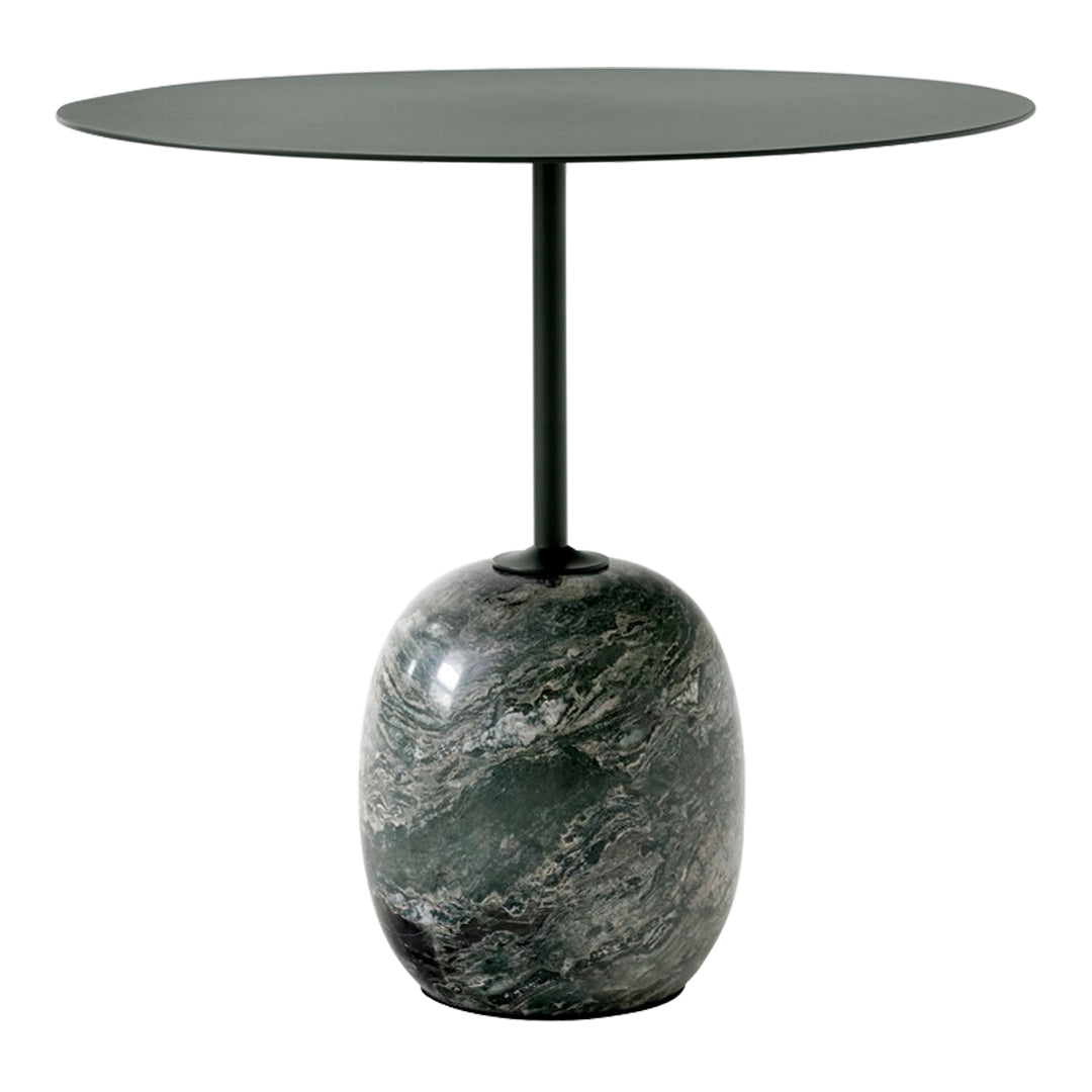 Table d'appoint contemporaine en marbre et acier avec piètement sculptural en forme de sucette inversée pour salon ou chambre à coucher