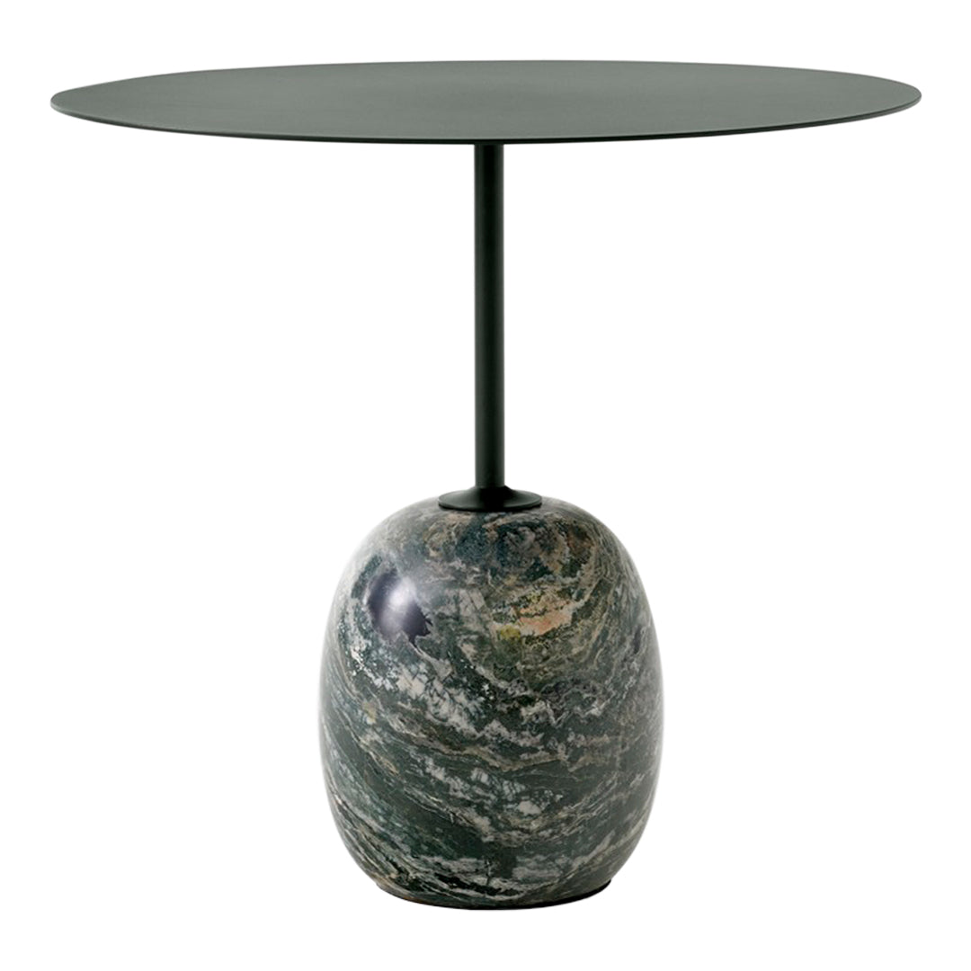 Table d'appoint contemporaine en marbre et acier avec piètement sculptural en forme de sucette inversée pour salon ou chambre à coucher