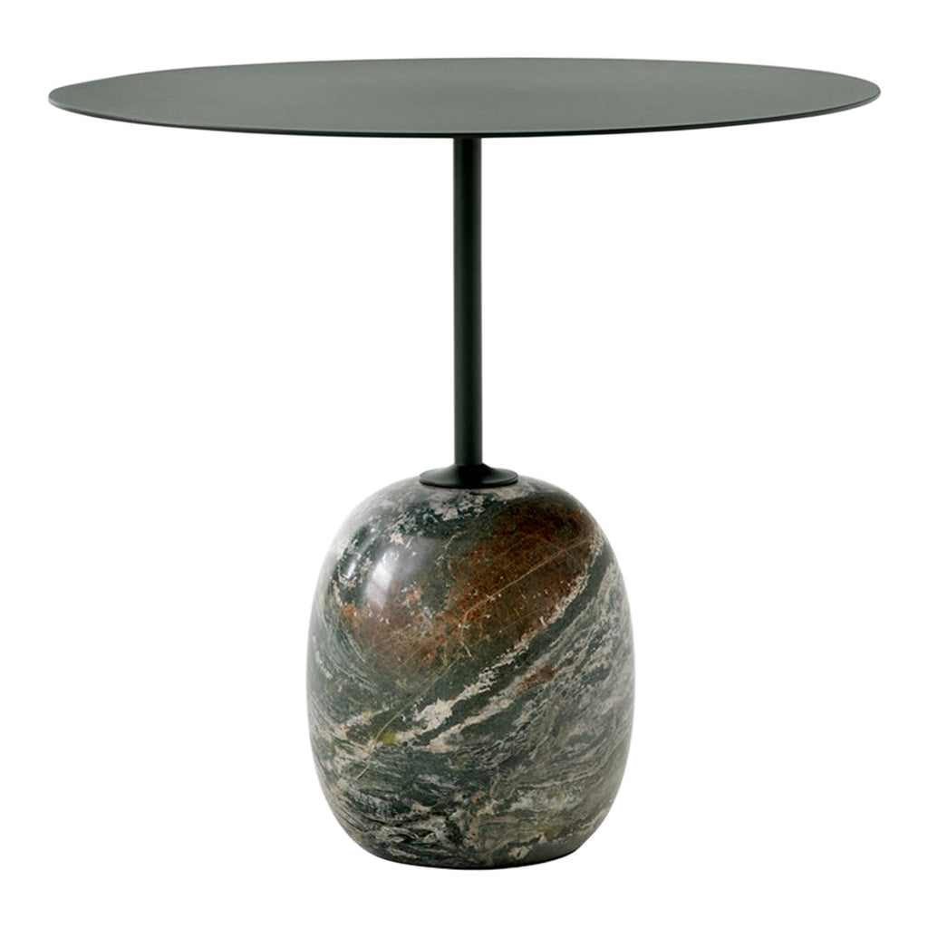 Table d'appoint contemporaine en marbre et acier avec piètement sculptural en forme de sucette inversée pour salon ou chambre à coucher