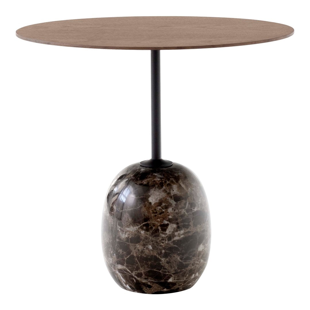 Table d'appoint contemporaine en marbre et acier avec piètement sculptural en forme de sucette inversée pour salon ou chambre à coucher