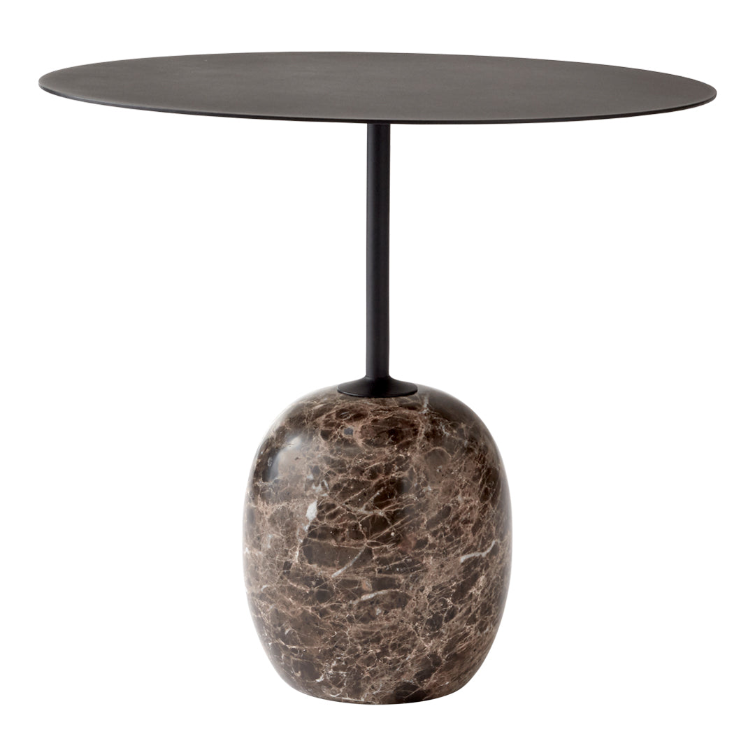Table d'appoint contemporaine en marbre et acier avec piètement sculptural en forme de sucette inversée pour salon ou chambre à coucher